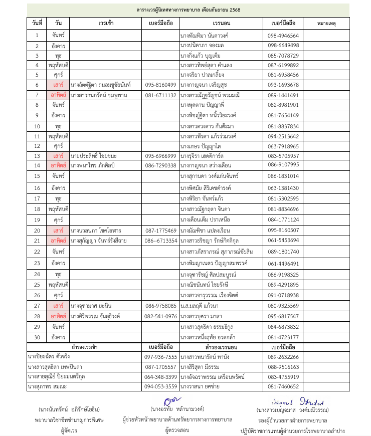 ตารางเวรผู้ตรวจการพยาบาล